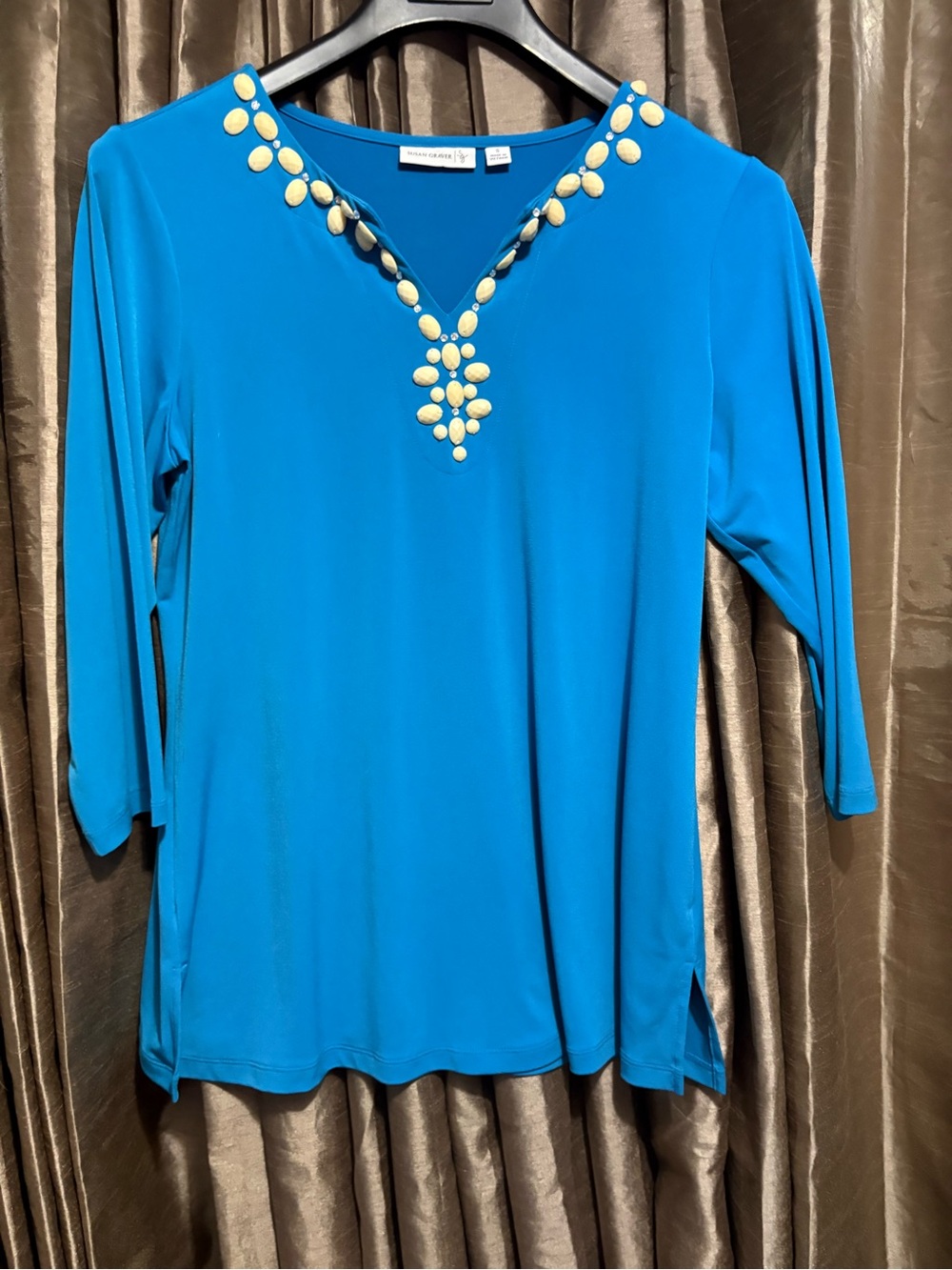 Susan Graver Turquoise Tunic with Gold Embellished V-Neck